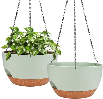 Hanging Planters for Outdoor Indoor Plants, 2 Pack 12 Inch Hanging Basket Plants Outdoor, Self Watering Hanging Planter with Plant Hanger for Garden Home Decoration (Green)