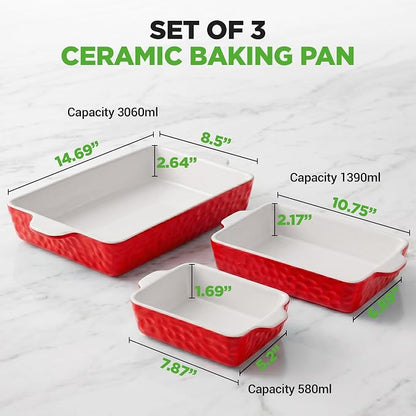 NutriChef 3-Piece Ceramic Casserole Dish for Oven - Premium Lasagna Baking Pans w/ Nonstick Coating & Built-In Handles - Dishwasher & Microwave Safe - 14" x 8", 10" x 6", 7" x 5" - Red