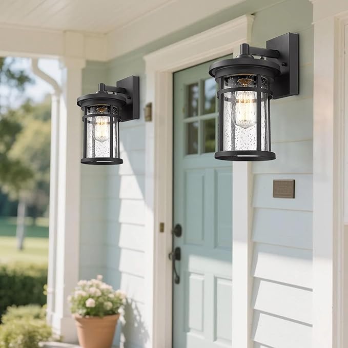Casia Outdoor Wall Sconces, Exterior Wall Lantern, Farmhouse Porch Lighting Fixture, Front Door Mounted Lights, Outside Lighting Lamp for Patio, Porch, Garden,Balcony (Black, 12" H)
