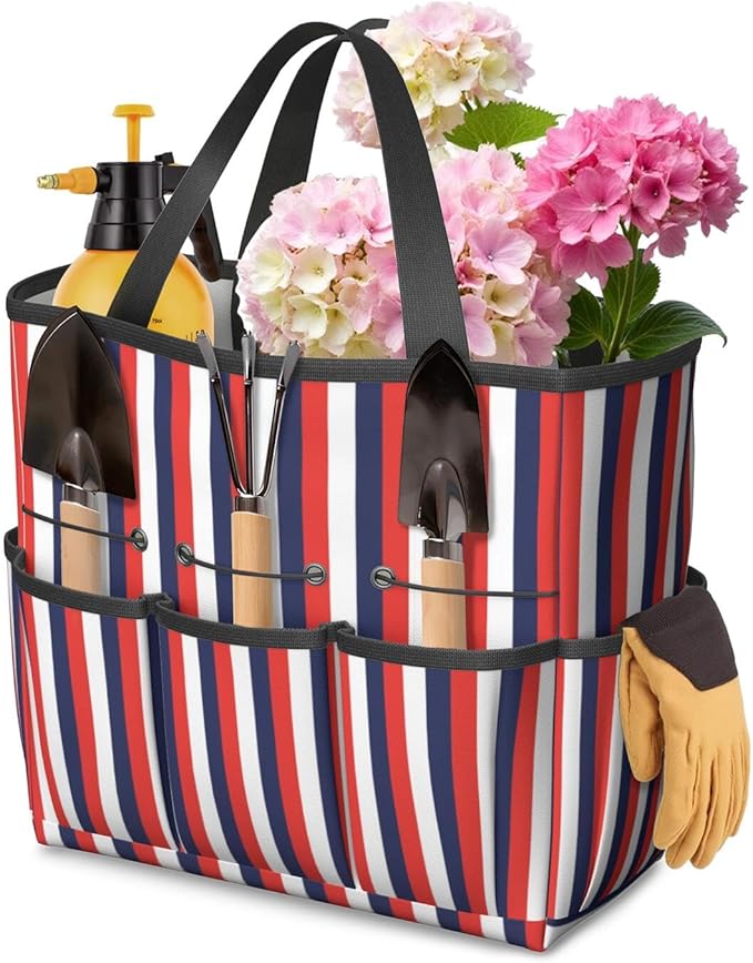 Classic Garden Tool Bag - Waterproof Blue Checkered Garden Tote with 8 Pockets, Large Storage Home Organizer Gardening Tool Oxford Bag for Garden Tools Kits Holder, Gardening Gift for Women & Men