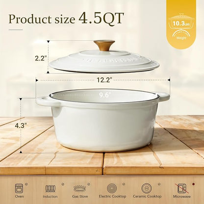 Overmont Enameled Cast Iron Dutch Oven - 4.5QT Pot with Lid Cookbook & Cotton Potholders - Heavy-Duty Cookware for Braising, Stews, Roasting, Bread Baking PearlWhite