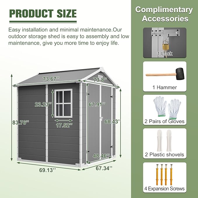 Resin Outdoor Storage Shed Kit Plastic Sheds Perfect to Store Patio Furniture, Garden Tools Bike Accessories, Beach Chairs and Lawn Mower, Grey (6x6 ft)