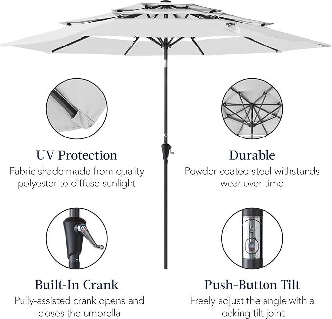 Best Choice Products 10ft 3-Tier Market Patio Umbrella, Outdoor Sun Shade with Tilt, Crank Lift, 8 Ribs for Backyard, Deck, Poolside – Fog Gray
