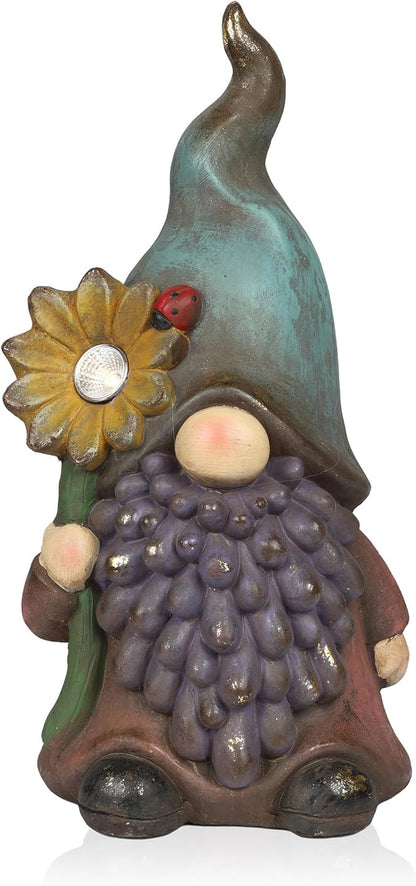 Alpine Corporation MCC852SLR Solar Gnome Holding Flower with Turquoise Hat Statue, Stylish Décor for Garden, Patio, & Lawn, 18" H, Multicolor