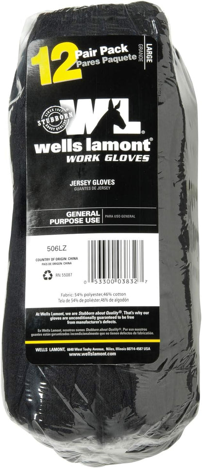 Wells Lamont Versatile Work Gloves | Lightweight, Durable, Comfortable Jersey | Basic, Large (506LZ), Black, 12-Pair Bulk Pack (Pack of 2)