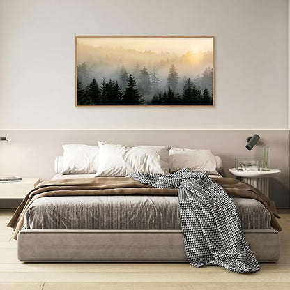 FWIEXA Misty Forest Wall Art Set Framed, Large Mountains Canvas Wall Decor, Green Nature Wall Painting, Foggy Tree Landscape Artwork 20x40 Inches for Living Room, Bedroom, Office, Gift