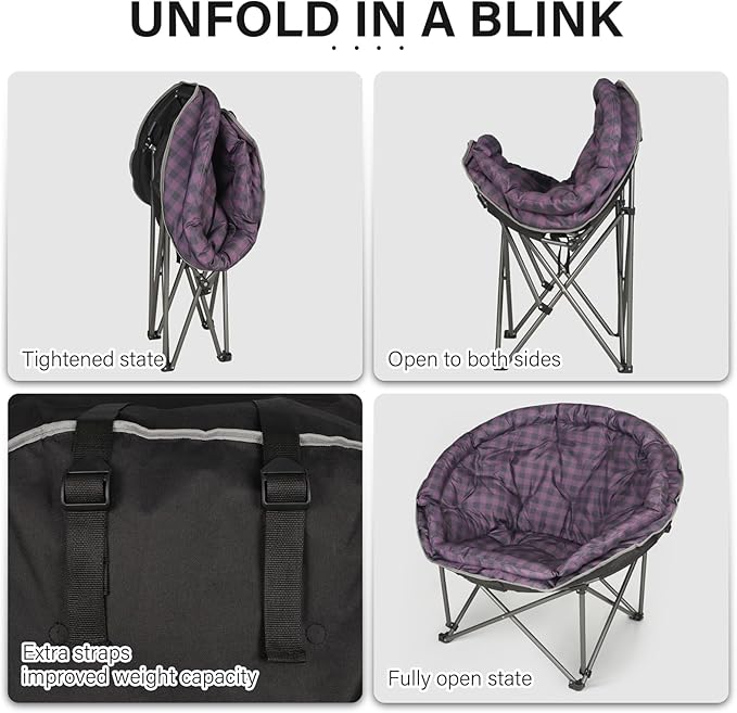 Oversized XXL Folding Round Camping Chairs,Comfy Padded Moon Camp Chairs,Heavy Duty Supports 400 Lbs Outdoor Lawn Chairs for Adults,Perfect for Indoor,Family Hiking,Picnics and Garden,Purple Plaid