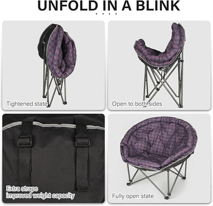 Oversized XXL Folding Round Camping Chairs,Comfy Padded Moon Camp Chairs,Heavy Duty Supports 400 Lbs Outdoor Lawn Chairs for Adults,Perfect for Indoor,Family Hiking,Picnics and Garden,Purple Plaid