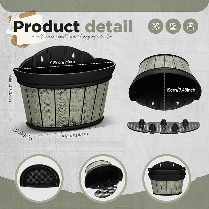 Layhit 6 Pcs Wall Hanging Planters Outdoor Pot Planter Wine Barrel Planter Distressed Oak Thickened Plastic Water Storage Flower Pots for Flower Indoor Outdoor(10 Inches,Grey Green, Brown, Black)