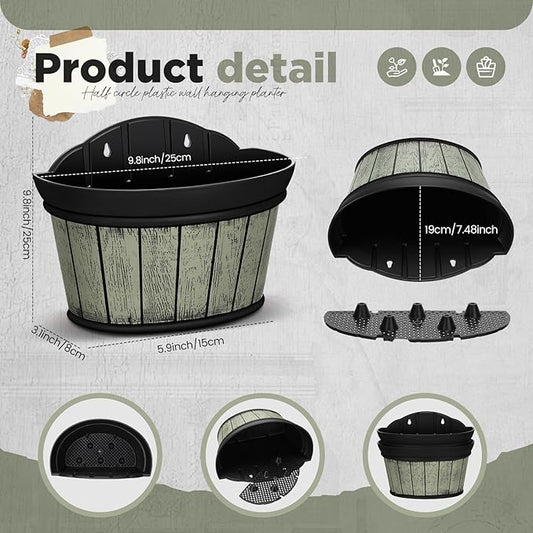 Layhit 6 Pcs Wall Hanging Planters Outdoor Pot Planter Wine Barrel Planter Distressed Oak Thickened Plastic Water Storage Flower Pots for Flower Indoor Outdoor(10 Inches,Grey Green, Brown, Black)