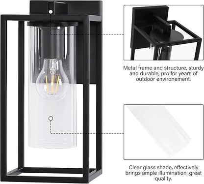 Pia Ricco Outdoor Wall Lights, Outdoor Wall Lantern with Circular Clear Glass Shade, Waterproof Exterior Lighting Fixtures, Modern Front Porch Lighting for House, Garage, E26 Base, ETL Listed, Black