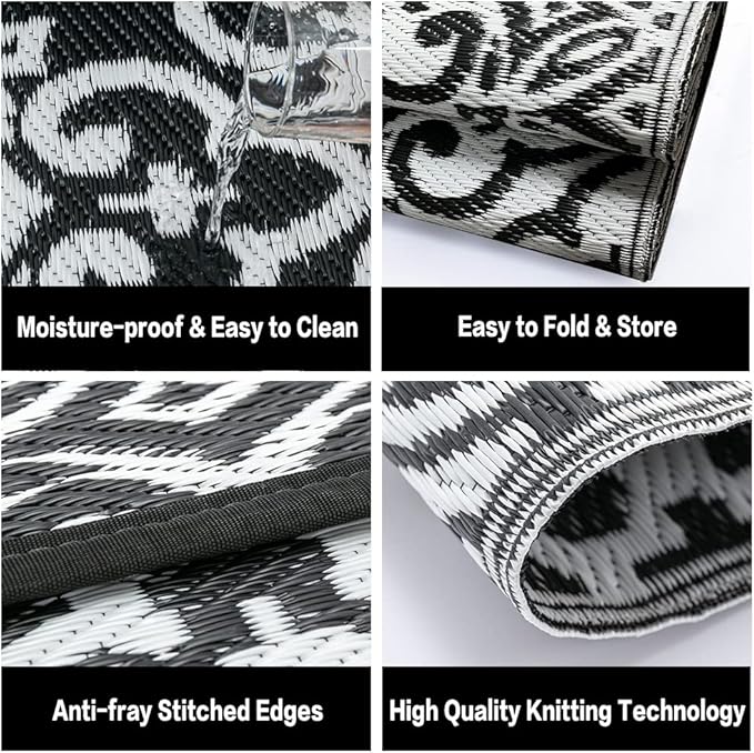 HUGEAR Outdoor Rug for Patios Clearance,Waterproof Mat,Large Outside Carpet,Reversible Plastic Straw Camping Rugs,Rv,Porch,Deck,Camper,Balcony,Backyard (5x8,Danica/Black&White)