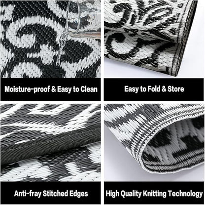 HUGEAR Outdoor Rug for Patios Clearance,Waterproof Mat,Large Outside Carpet,Reversible Plastic Straw Camping Rugs,Rv,Porch,Deck,Camper,Balcony,Backyard (5x8,Danica/Black&White)