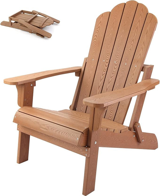 hOmeHua Folding Adirondack Chair Weather Resistant, Hard Plastic Imitation Wood Stripes Adirondack Chair, Easy to Fold Move & Maintain, Outdoor Chair for Patio, Backyard Deck, Fire Pit - Wood Color