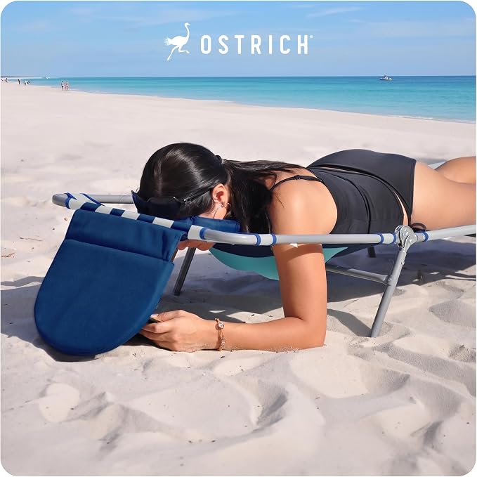Ostrich the Ladies Comfort Lounger with Chest Support, Foldable & Portable Reclining Outdoor Patio Beach Lawn Camping Pool Tanning Chair, Blue Stripe