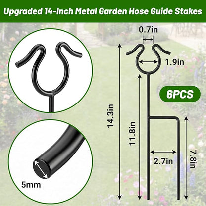 6 Pack Garden Hose Guide Stakes, 14 inch Metal Hose Guides for Garden Heavy Duty Rustproof Coated Spike Keeps Water Hose Out of Flower Beds Outside Lawn & Yard Plant Protection (Black)