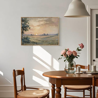 Vintage Canvas Wall Art Sunset Wall Decor Landscape Countryside Wilderness Oil Painting Rustic Picture Modern Farmhouse Print Nature Scenery Prints Living Room Bedroom Bathroom 12x16 Inch Framed