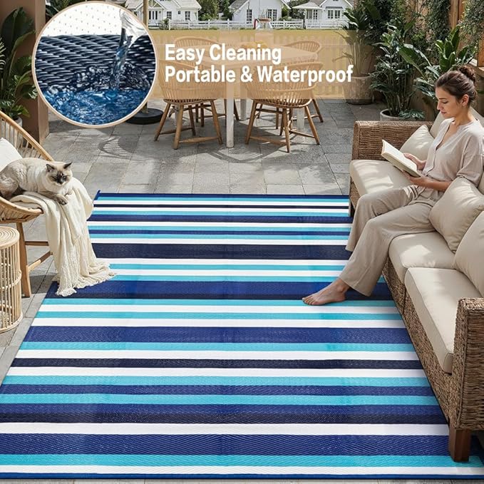 HUGEAR Outdoor Waterproof Rug 8'x10' Plastic Straw Rugs Washable Reversible Floor Mat Blue Stripe Carpet for Camping RV Deck Entryance Porch Picnic Balcony Beach Backyard