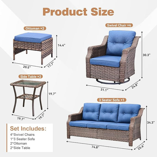Wicker Patio Furniture Set-8 Piece High Back Outdoor Furniture Set Sectional Sofa with Wicker Swivel Rocker Patio Chairs,Thick Cushions Ottomans for Porch Balcony Patio Deck Brown/Blue