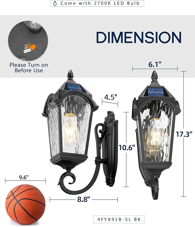 FEMILA Solar Outdoor Wall Light, 17.3" Modern Solar Powered Wall Lights, Aluminum Glass Patio Wall Lights for House Porch Yard, Dusk to Dawn, 4FYX91B-SL BK