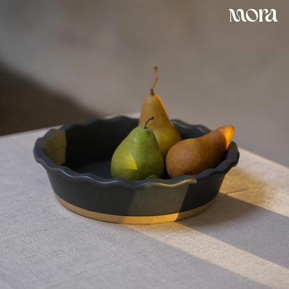 MORA Ceramic Pie Pan for Baking - 9 inch - Deep and Fluted Pie Dish for Old Fashion Apple Pie, Quiche, Pot Pies, Tart, etc - Modern Farmhouse Style Porcelain Ceramic Pie Plate - Liquorice