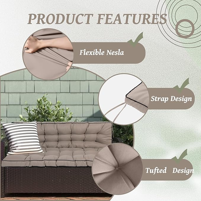 2/3 Seater Swing Replacement Cushion, Waterproof Porch Swing Cushions with Backrest, Thickened Bench Cushions for Outdoor Furniture, for Outdoor Patio Swing (Khaki, 55 * 40in)