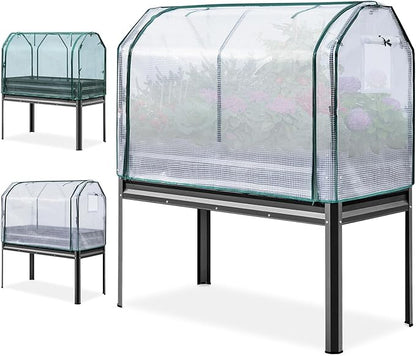 KING BIRD Large Raised Garden Bed with Cover & Netting Galvanized Elevated Planter Box with Legs 48×24×56 in for Backyard, Patio, Balcony, 400lb Capacity, Dark Grey
