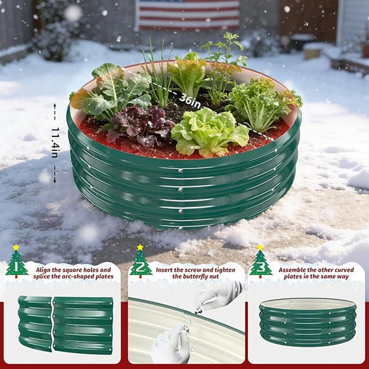 12 Inch Tall Heavy-Duty Round Steel Rised Garden Bed – Wave-Shaped Design Galvanized Metal Planter Box for Vegetables Flowers Succulent at Patio/Garden Outdoor (Green, 36" Diameter)