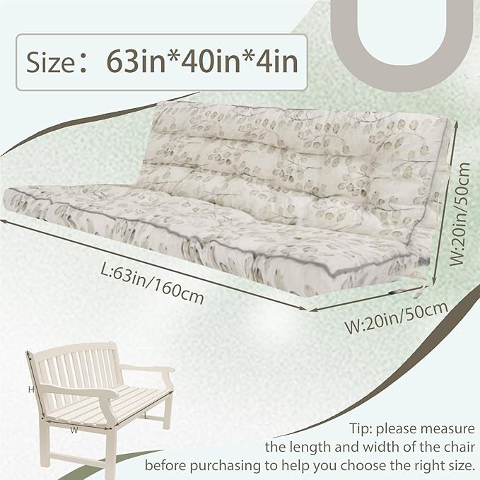 2/3 Seater Swing Replacement Cushion, Waterproof Porch Swing Cushions with Backrest, Thickened Bench Cushions for Outdoor Furniture, for Outdoor Patio Swing (White Leaves, 63 * 40in)