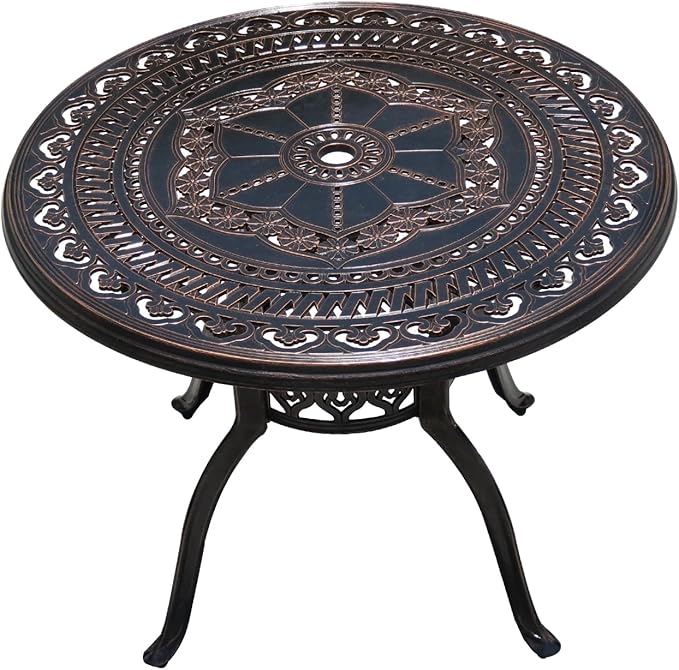 Outdoor Table Cast Aluminum Round Patio Table with Umbrella Hole All Weather Outdoor Dining Table for Lawn Garden Backyard (100cm Orchid Round Table)