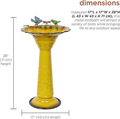 Alpine Corporation ORS112YL Vintage Metal Pedestal Birdbath with Stand, Shallow Bird Bath Bowl for Outside, 28" H, Yellow