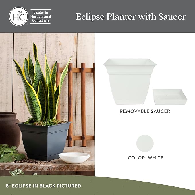 The HC Companies Eclipse Square Plastic Planter w/Attached Saucer - Outdoor & Indoor Plant Pot with Drainage Holes - Lightweight, UV-Resistant Plastic Pots for Plants (10" White, Pack of 1)