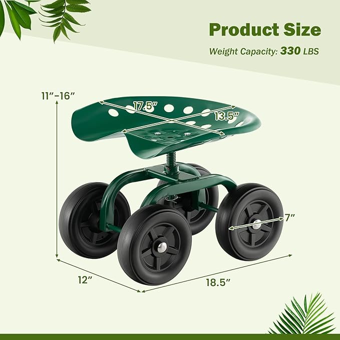Giantex Garden Cart, Rolling Workseat with 4 Wheels, Garden Stool 360° Swivel Work Seat & Adjustable Height, Heavy Duty Wagon Scooter for Gardening for Patio Garden, Lawn, Yard (Green)