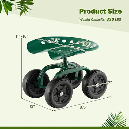 Giantex Garden Cart, Rolling Workseat with 4 Wheels, Garden Stool 360° Swivel Work Seat & Adjustable Height, Heavy Duty Wagon Scooter for Gardening for Patio Garden, Lawn, Yard (Green)