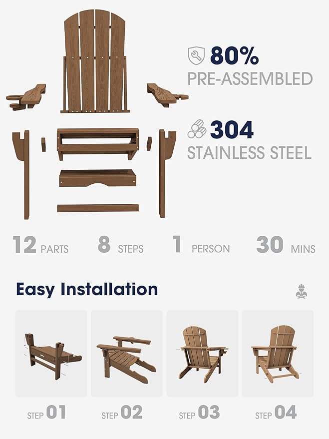 KINGYES Folding Adjustable Adirondack Chair with Ottoman & 2 Cup Holders Set of 2, HDEP Multifunctional Adirondack Chair with Footrest, Brown