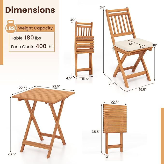 KOTEK Outdoor Folding Bistro Set, 3 Pieces Acacia Wood Bistro Set with Soft Cushions, Patio Bistro Table and Chairs for Backyard, Porch, Poolside (Vertical Slats)