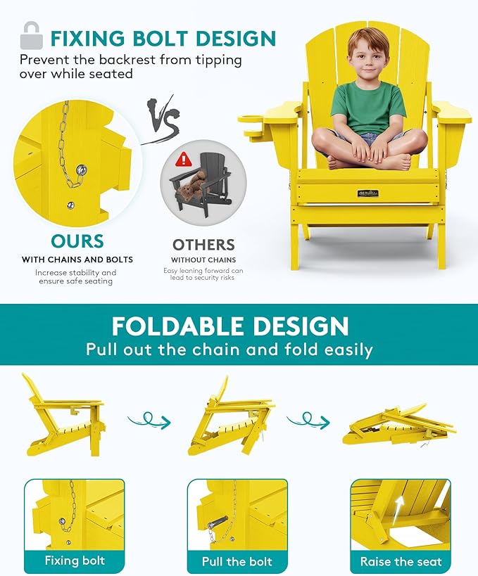 SERWALL Folding Adirondack Chair Outdoor Adirondack Chairs with Cup Holder, Weather Resistant Fire Pit Chairs for Patio - Yellow