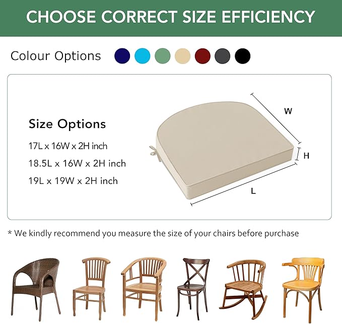 Outdoor Chair Cushions Set of 2: Waterproof & Fade Resistant Patio Furniture Cushions - 18.5 x 16 x 2 Inch Non Slip Round Corner Seat Cushion Pads with Removable Cover for Garden Yard Lawn, Cream