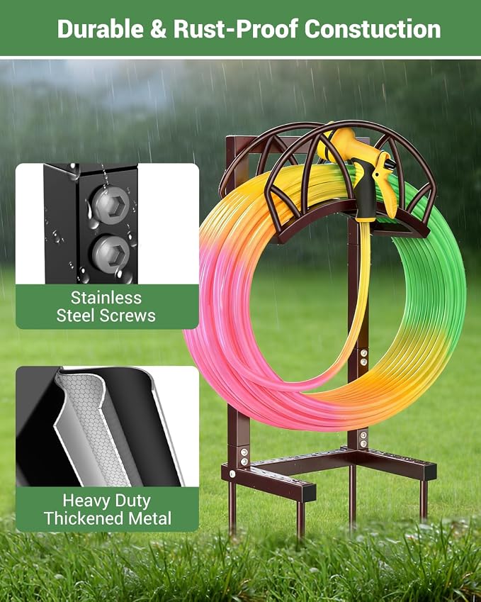 HZE Garden Hose Holder, Freestanding Water Hose Reel Stand for Outside, Heavy Duty Detachable Metal Storage Rack Holds 160 FT for Yard Lawn Farm, Bronze