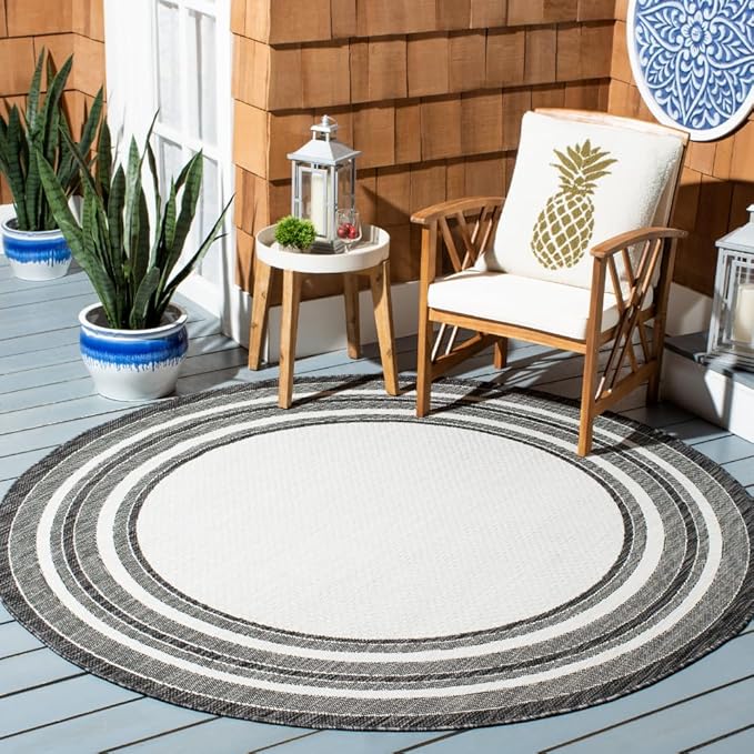 SAFAVIEH Washable Rug Outdoor Courtyard Collection - 6'7" Round, Ivory & Black, Non-Shedding & Easy Cleaning, Ideal for Patio, Backyard, Mudroom (CY8475-53712)
