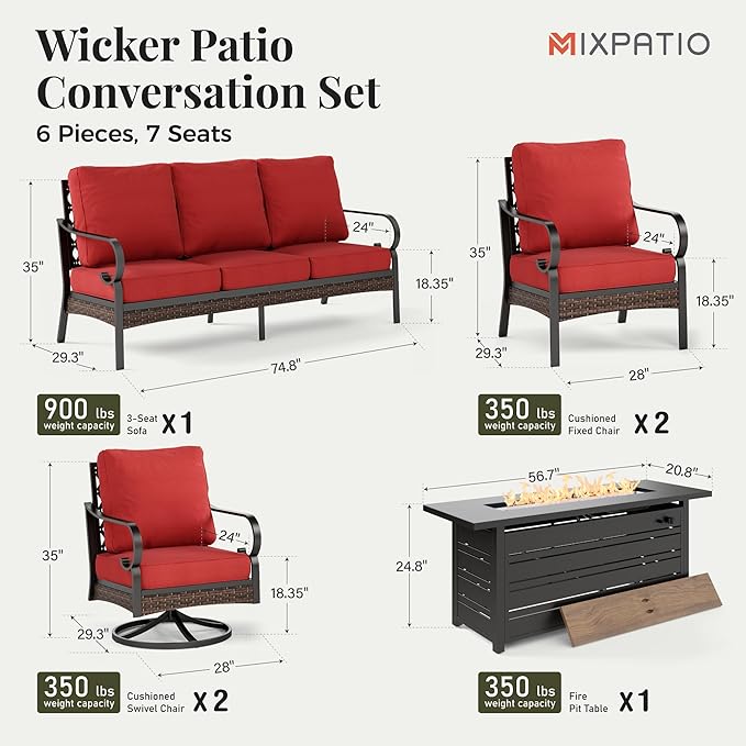 Patio Furniture Set with Firepit Table, Black Frame Outdoor Conversation Set with 2 x Fixed Chairs, 2 x Swivel Chairs, 1 x 3-Seat Sofa for Lawn Garden Backyard, Red