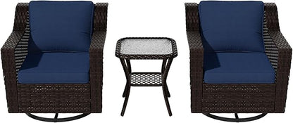 VistaVibe 3 Pieces Outdoor Patio Conversation Furniture Set - 360 Degree Swivel Glider Rocker Chairs | Wicker End Table, Washable Cushions, Hand-Woven PE Rattan, Lawn, Sunroom (Brown/Navy)
