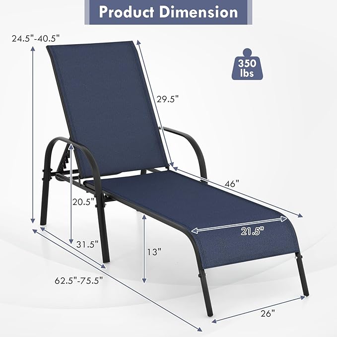 Giantex Patio Lounge Chair, Outdoor Chaise Lounge with 5 Adjustable Backrest, Sturdy Steel Frame, Sunbathing Recliner, Tanning Chair for Beach, Outside, Yard, Balcony, Pool Chairs, Navy