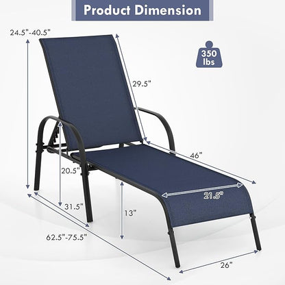 Giantex Patio Lounge Chair, Outdoor Chaise Lounge with 5 Adjustable Backrest, Sturdy Steel Frame, Sunbathing Recliner, Tanning Chair for Beach, Outside, Yard, Balcony, Pool Chairs, Navy