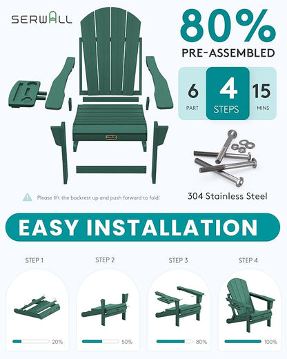 SERWALL Folding Adirondack Chair, Outdoor Adirondack Chairs with 4 in 1 Cup Holder, Weather Resistant Plastic Patio Chair for Garden, Backyard, Deck, Lawn, Fire Pit- Green