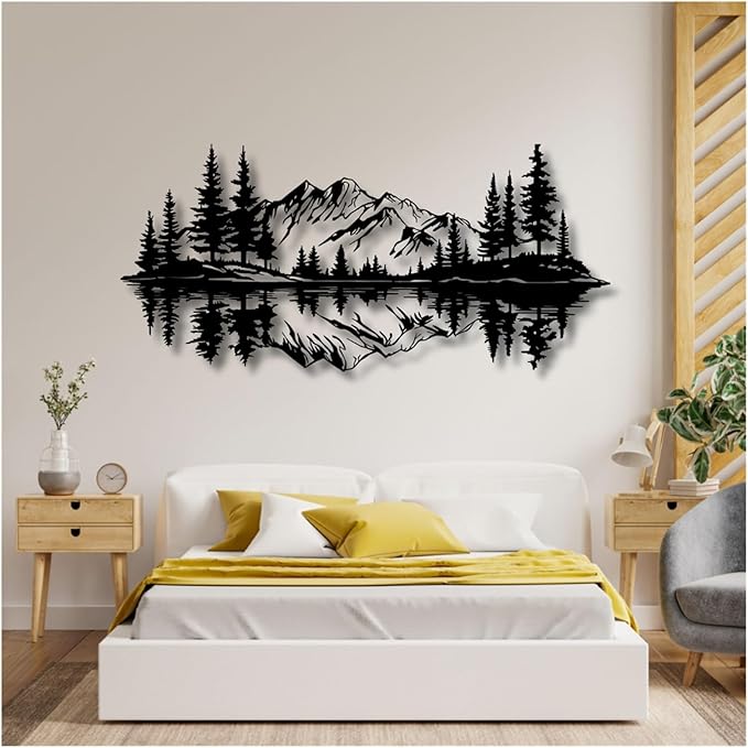 Mountain View Metal Wall Art,Nature Landscape Home Decor with Reflection,Black Iron Sculpture for Bedroom Garden Living Room Outdoor Office(White,48 x22 in/121x56 cm)