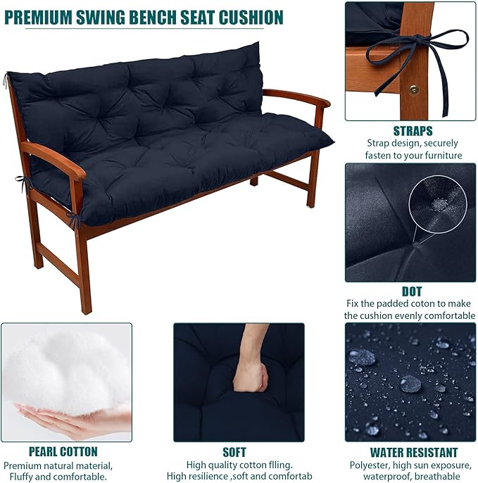 Swing Replacement Seat Cushions, 2-3 Seater Bench Cushions for Outdoor Furnitur with Backrest, Garden Recliner Seat Cushions Waterproof Sofa Pads (Dark Blue, 47x40in)