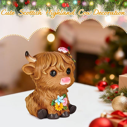 Highland Cow Statue Resin Birthday Gifts for Women,Mom,Beautifully Crafted Home Office Farmhouse Kitchen Decorations Garden Figurine