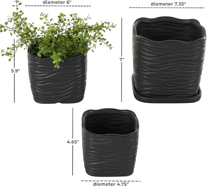 Deco 79 Ceramic Indoor Outdoor Planter Wavy Ribbed Large Planter Pot with Attached Saucer, Set of 3 Planters 7",6",5" H, Black