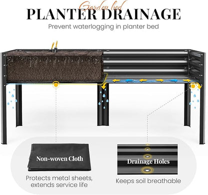 KING BIRD Large Raised Garden Bed with Legs & Storage Shelf Galvanized Elevated Planter Box for Backyard, Patio, Balcony, 600lb Capacity, Dark Grey 70.9x22.8x31.5 in
